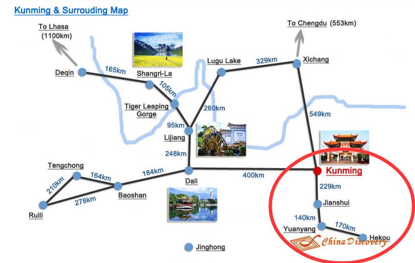 Kunming, Yuanyang and Jianshui map